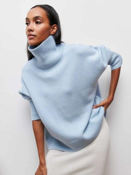 Suéteres femininos sólidos gola alta manga comprida pulôver para mulheres moda aong solto alto baixo hem baggy suéter outono inverno colheita top 2023