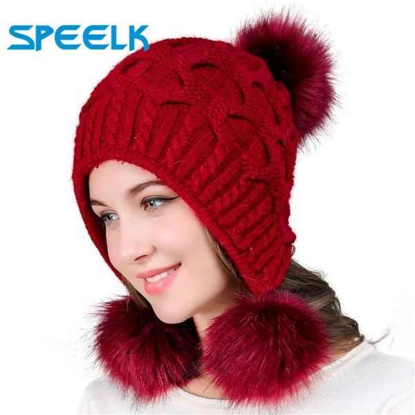 Beanie Crânio Caps Mulheres Chapéus Outono Inverno Lã Gorros Chapéu Três Bola de Cabelo Voltar Aberto Malha Dupla Grosso Fur Bonnet Beanie Cap196s