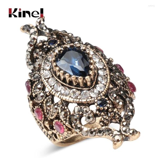 Кольца-кластеры Kinel, роскошное турецкое кольцо для женщин и женщин, винтажный стиль, ювелирные изделия, со стразами, большое широкое кольцо с синим кристаллом и цветком, подарок 2023