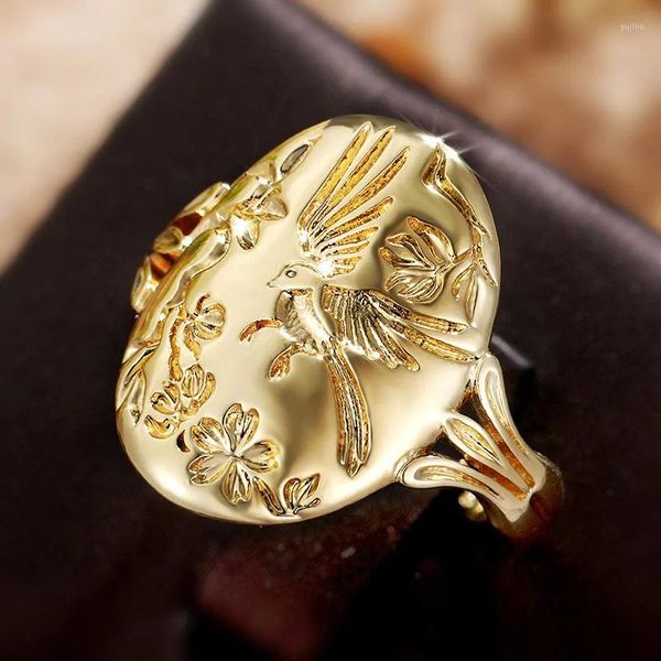 Anéis de cluster vintage artesanal esculpido flor pequeno pássaro para mulheres moda retro festa jóias cor de ouro anel de dedo casal unisex