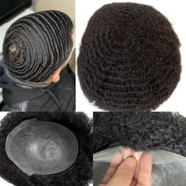 8mm onda cor preta virgem substituição de cabelo humano mão amarrada perucas masculinas para homens negros na América entrega expressa rápida