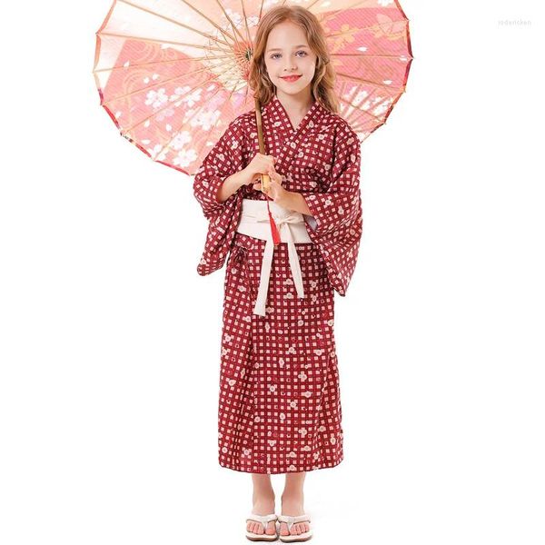 Ethnische Kleidung Kawaii Japanischer Kimono 2023 Sommer Kinder Lose Strickjacke Plaid Robe Retro-Stil Blumendruck Rote Spitze Langer Rock Pyjamas