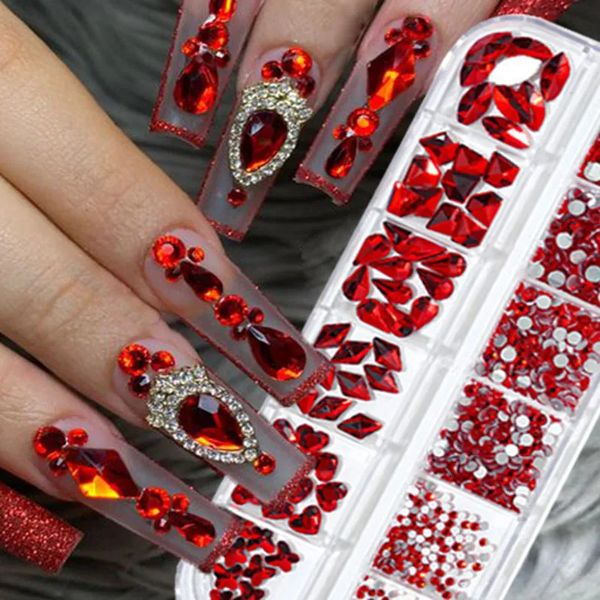 Decorações de arte de unhas 1000pcs dia dos namorados vermelho strass 12 grade flatback mixedsize cristal diy nonfix 3d vermelho manicure diamante zb 231207