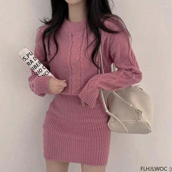 Vestidos casuais coreano chique outono e inverno retro temperamento suéter ano básico desgaste fino lápis de tricô mini vestido