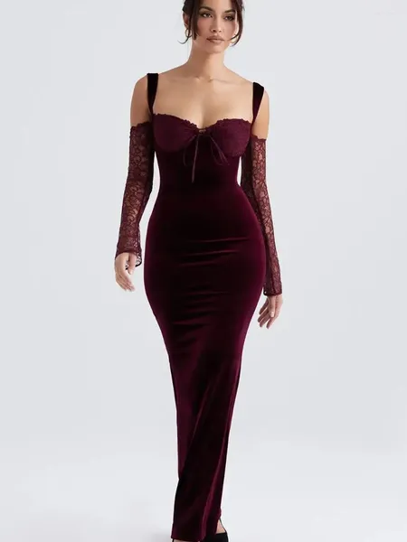 Sıradan elbiseler beaukey kalitesi uzun dantel şarap kırmızı vücut elbise zemin akşam ince büst parti düğün ünlü Noel vestidos