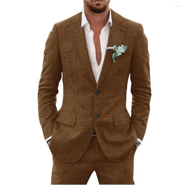 Ternos masculinos de linho de algodão terno tecido 2 peça conjunto elegante homem entalhado lapela gola único breasted blazer de alta qualidade