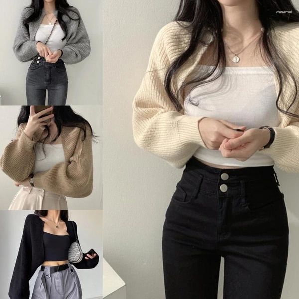 Mulheres malhas mulheres outono aberto frente encolher manga longa recortada cardigan camisola senhora diária casual cor sólida outwear jaqueta curta xale