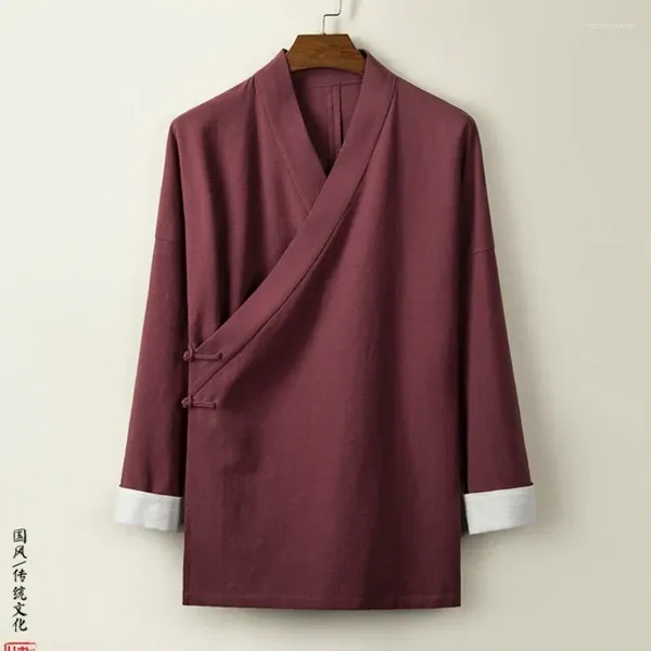 Этническая одежда, мужская хлопковая и льняная куртка в китайском стиле с блокирующими цветами, топы в стиле ханьфу, повседневная рубашка с длинными рукавами для медитации, 2023