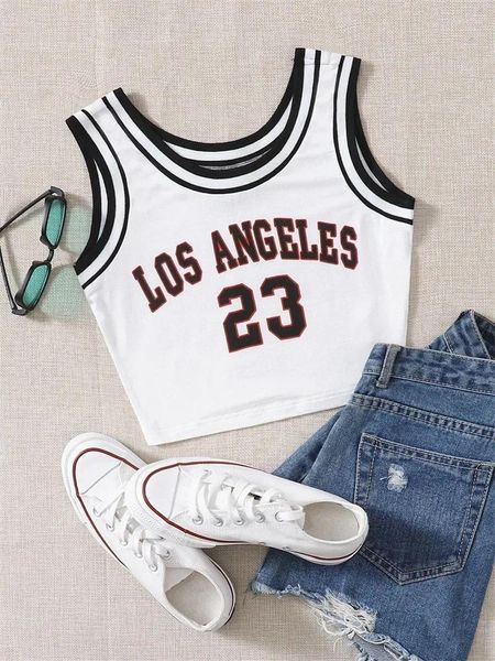 Damen Tanks Grunge Punk Basketball Brief Drucken Grafik Tank Top Frauen Sommer Y2K Kleidung High Street Ärmellos Oansatz Crop Streetwear