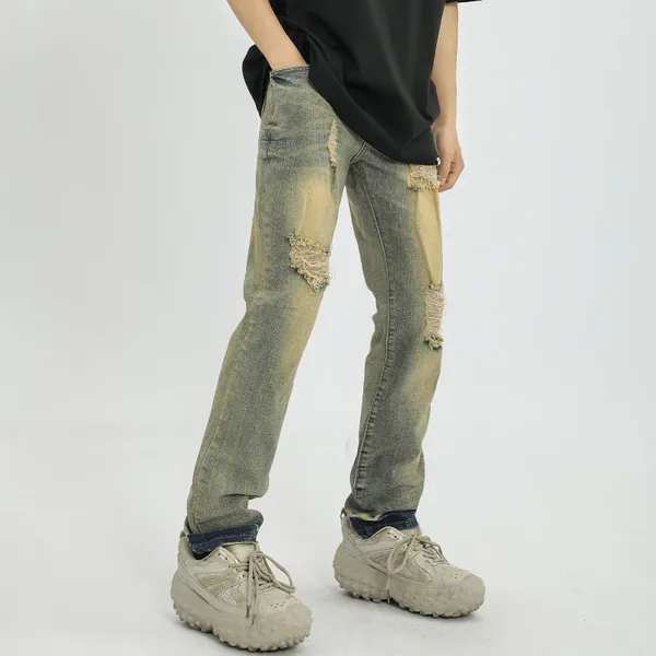 Мужские джинсы, винтажные рваные мужские узкие уличные потертые осенние брюки, модные джинсовые брюки Y2k