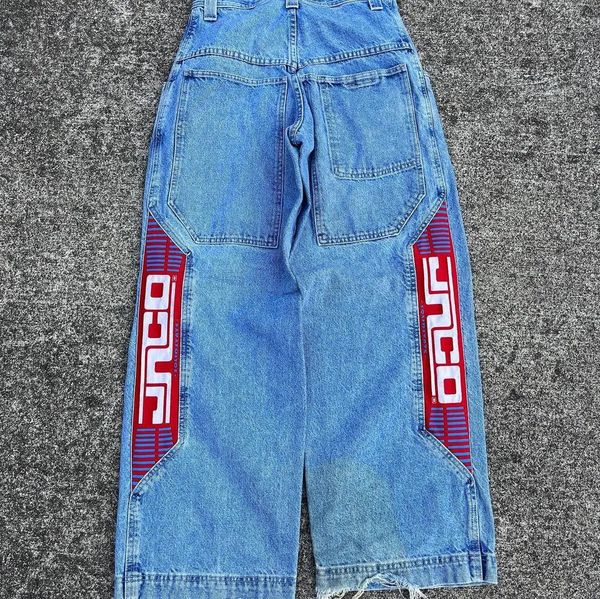 Женские джинсы JNCO, прямые широкие джинсы с неравномерным кроем и сращиванием для мужчин и женщин, синие винтажные джинсовые брюки Harajuku Y2K 231207