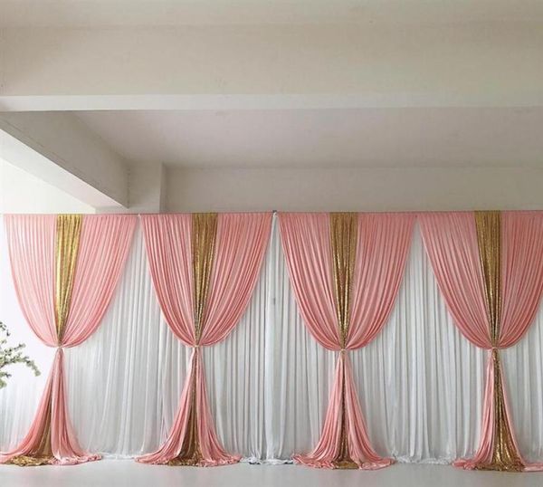 2021 Summer Style 3m x 6m Decorazioni per matrimoni Tenda bianca Fard Rosa Ghiaccio Seta Oro paillettes Drappo Sfondo Decorazione festa di compleanno2405917967