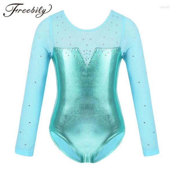 Abbigliamento da palcoscenico Abbigliamento da ballo per ragazza per bambini Tulle Maniche lunghe Strass scintillanti Metallico Balletto Danza Ginnastica Body Tuta Costume da competizione