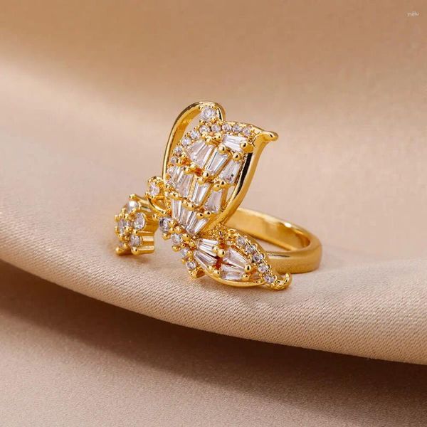 Cluster Ringe Vintage Gold Farbe Schmetterling Zirkon Für Frauen Einstellbare Edelstahl Anillos Hochzeit Ästhetische Schmuck Geschenk