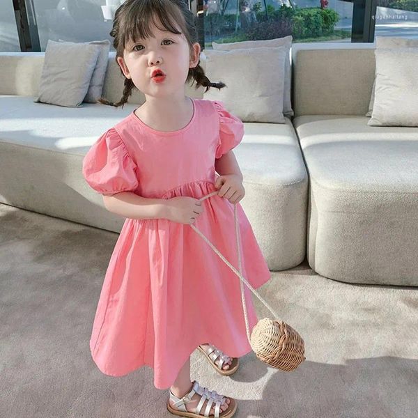 Mädchen Kleider Sommer Mädchen Kleid Puff Sleeve Vestidos Rundhals Süße Prinzessin Koreanische Outfits Baby Kinder Kinder Kleidung Für