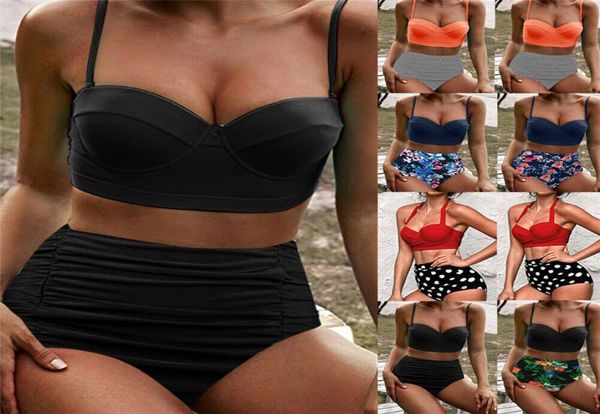 Mulheres cintura alta conjunto de biquíni push up maiô maiô beachwear listra pontos impressão natação costume2240130