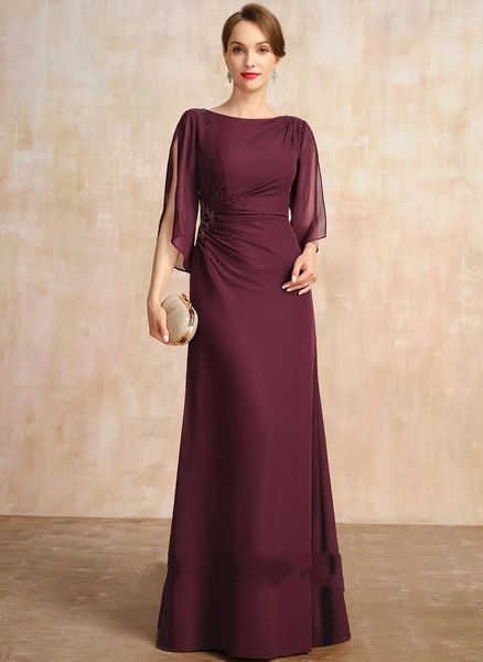 2024 Neues Design Cabernet-Kleid für die Brautmutter, A-Linie, bodenlang, Chiffon, mit Perlen verziert, plissiert, für Hochzeitsgäste, Partykleider für Frauen in Übergröße