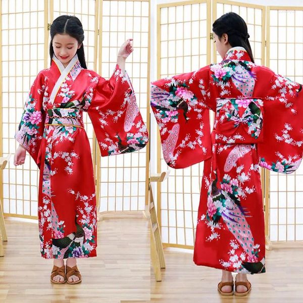 Etnik Giyim Çocuk Kızlar Yenilik Ulusal Japonya Kimono Geleneksel Yukata Elbise Satin İpek Lüks Oriental Banyo Çorna Obi Performans