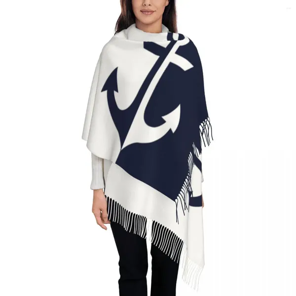 Lenços branco e azul marinho lenço de âncora para mulheres inverno quente pashmina xales envoltório leme náutico vela longa grande xale