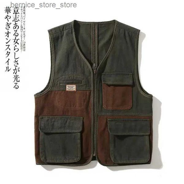 Gilet da uomo American Vintage Cotton Washed Multi-tasche Cuciture Hunter Colletto a V Giacca da lavoro Street Gilet da uomo e da donna Q231208