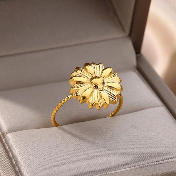 Anéis de cluster girassol para mulheres cor de ouro ajustável anel de aço inoxidável feminino festa dedo jóias presente 2023 tendência
