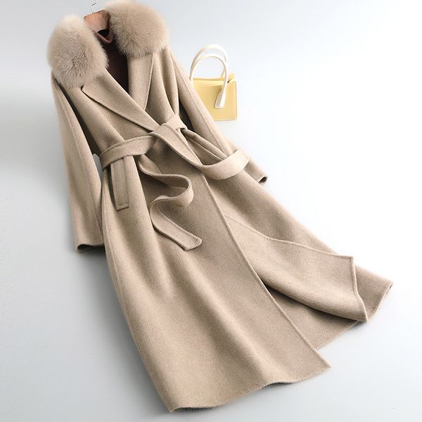 Vendita calda nuovo 2023 stile invernale temperamento collo di pelliccia di volpe staccabile manica lunga collo alto cappotto di lana da donna