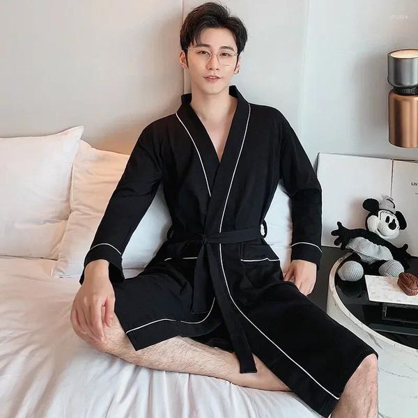 Homens sleepwear vestido tamanho robe primavera outono cinza casual nightwear homens algodão 3xl plus v-pescoço roupão masculino confortável