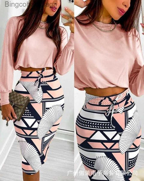 T-shirt da donna Set gonna stampata e gonna lunga da donna gonna corta estiva set top da donna stampato casual set dolce ed eleganteL231208