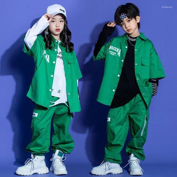 Bühnenkleidung Kinder Teen Kpop Street Outfits Hip Hop Kleidung Grünes Hemd Tops Cargo Jogger Hosen für Mädchen Jungen Jazz Dance Kostüm Show Kleidung