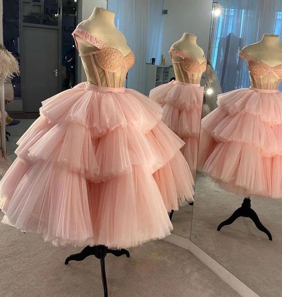 Abiti da sera Rosa A Line Abito da ballo Party Nuovo personalizzato Taglie forti Con lacci Cerniera Senza maniche Senza schienale Spalle scoperte Tulle Paillettes Piega in rilievo