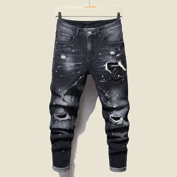Jeans maschi casual buca strappato per pozzi di vernice inchiostro schizzi di cotone morbido elastico elastici etichetta in pelle nera grigio pantaloni