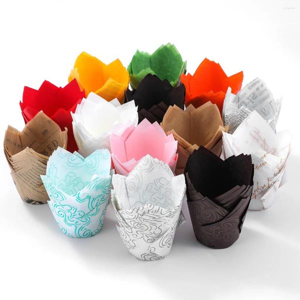 Backformen 50 Stück Tulpen-Muffin-Cupcake-Papierbecher, öldichte Liner-Box, Cup-Kuchen-Dekorationswerkzeug, Wickelhüllen