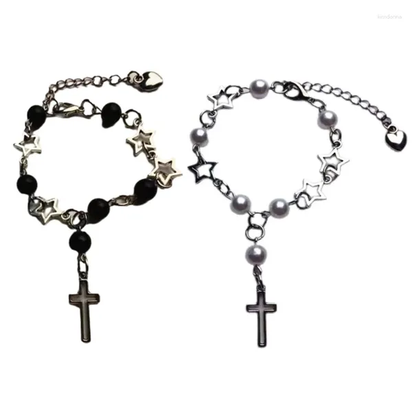 Charme pulseiras imitação de pérolas grânulo handchain oco estrela pulseira ajustável crucifixo pulseira