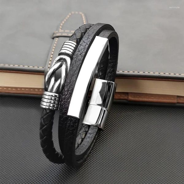 Charme pulseiras luxo clássico masculino multi-camada pulseira de couro enrolamento design punk aço inoxidável ímã fecho pulseira masculino jóias presentes