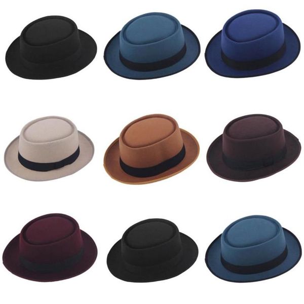 Mistdawn Cappello da uomo in feltro classico da donna Pork Pie con risvolto a tesa corta Porkpie Cappello con fascia in nastro nero Taglia 7 1 4 Cappelli larghi299u