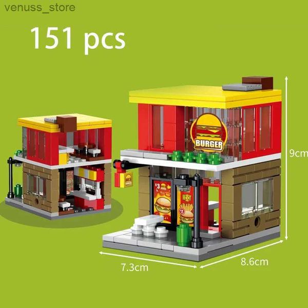 Blocchi Mini City Shops Street View Blocchi Mercato Negozi al dettaglio Ristorante Modello Set Building Toy Creative Moc Guitar Brick Architecture R231208