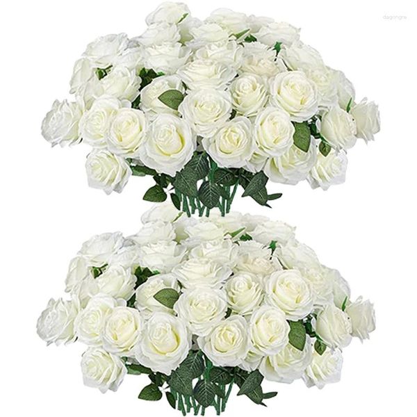 Flores decorativas 50 pcs rosa artificial rosas de seda realista grande cabeça de flor diy buquê mesa de casamento peça central para decoração de festa em casa