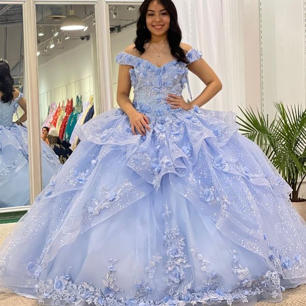 Himmelblaues, glänzendes Quinceanera-Kleid, Ballkleid, 3D-Blumen, Applikationen, Spitze, schulterfreies Korsett für süße 15 Mädchen