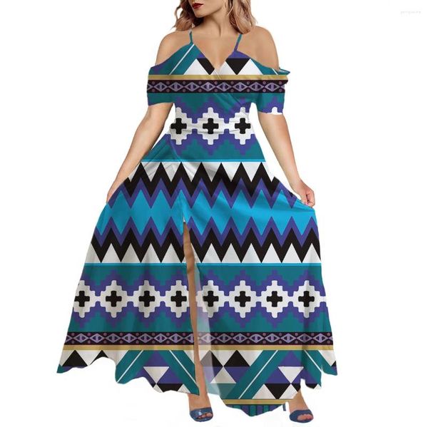 Partykleider Print On Demand Damenkleid Hawaii-Stil Polynesisches Stammesmuster Design Mode V-Ausschnitt Kurzarm Split Beach Maxi