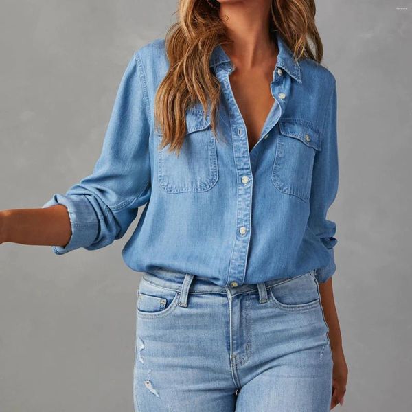 Damenblusen, Vintage-Stil, Damen-Revers, Denim-Jeans-Hemd, einfache Langarm-Bluse, locker, klassisch, lässig, bequem, Frühlings-Herbst-Deckmantel