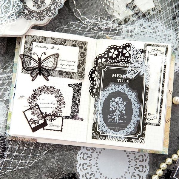 Yoofun 110 pz/lotto Pizzo Bianco E Nero Materiale Decorativo Carta Scrapbooking Etichetta Mista Diario Ufficiale Planner Fai Da Te