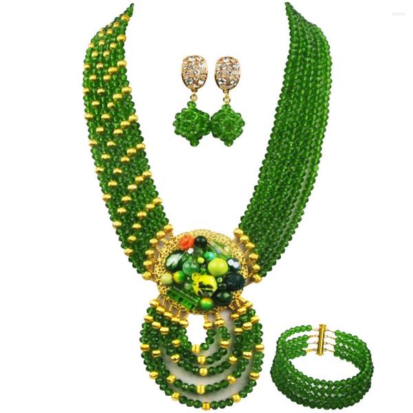 Collana orecchini set verde nigeriano matrimonio perline africane gioielli braccialetto di cristallo festa nuziale