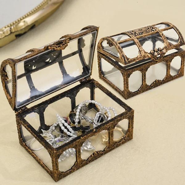 Caixas de armazenamento vintage tesouro caixa de jóias pirata caixa de moedas de ouro feminino anel brinco armazenamento transparente caixa de exibição organizador de armazenamento 231208