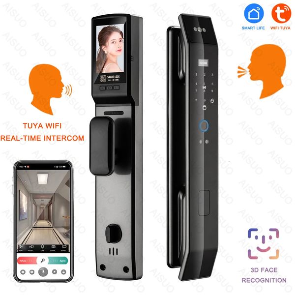 Smart Lock Tuya 3D Face Intercomunicador em tempo real Fechadura de porta inteligente Câmera de segurança Senha de impressão digital inteligente Desbloqueio de chave eletrônica biométrica 231207