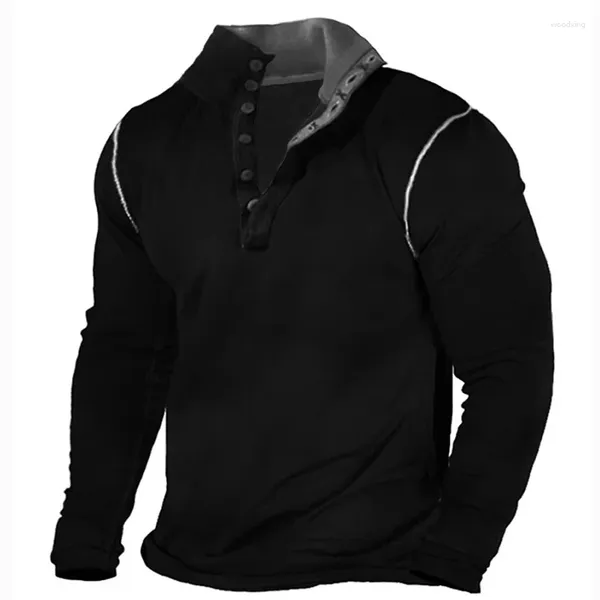 Hoodies masculinos roupas masculinas 2023 gola botão pullovers topo streewtear camisas vintage homem primavera outono manga longa retalhos