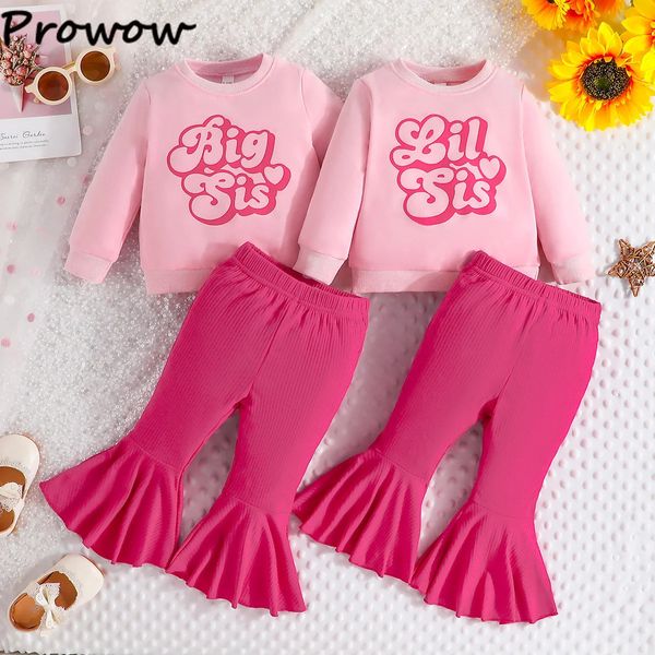 Conjuntos de roupas Prowow Sisters Matching Outfits Big Little Sister Letter Moletons e Calças Flared Rosa Bebê Criança Meninas Roupas 231207