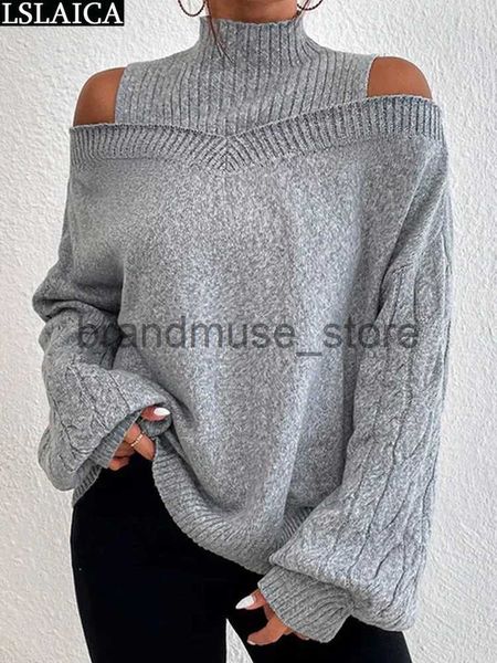 Damen-Strick-T-Shirts, Pullover, schulterfrei, lockerer Halb-Rollkragen, modisch, einfarbig, gestrickt, übergroße Pullover für Damen, Kleidung, lässige Damen-Tops, J231208