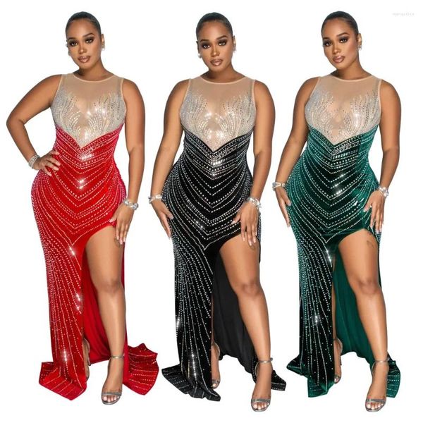 Lässige Kleider Strass Schlitz Mesh Abendkleid 2023 Bodycon Cocktail Damen Geburtstag Elegant Luxus Sexy V-Ausschnitt Party Schwarz