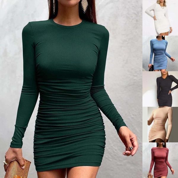 Vestidos casuais feminino manga longa elegante sólido elegante para mulheres vestidos de verão vestido de verão com bolsos