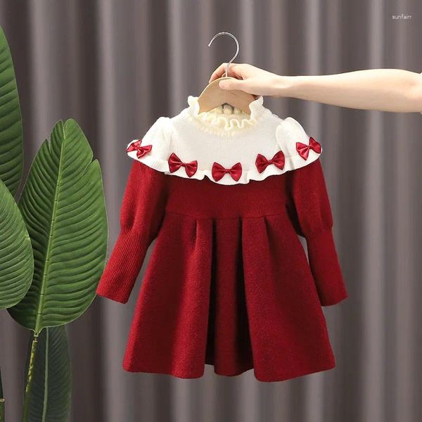 Abiti da ragazza Maglione per bambine Carino Bowknot Vestiti per bambini Lavorato a maglia Manica lunga Colletto con volant Abito autunno inverno per bambini da 1 a 7 anni